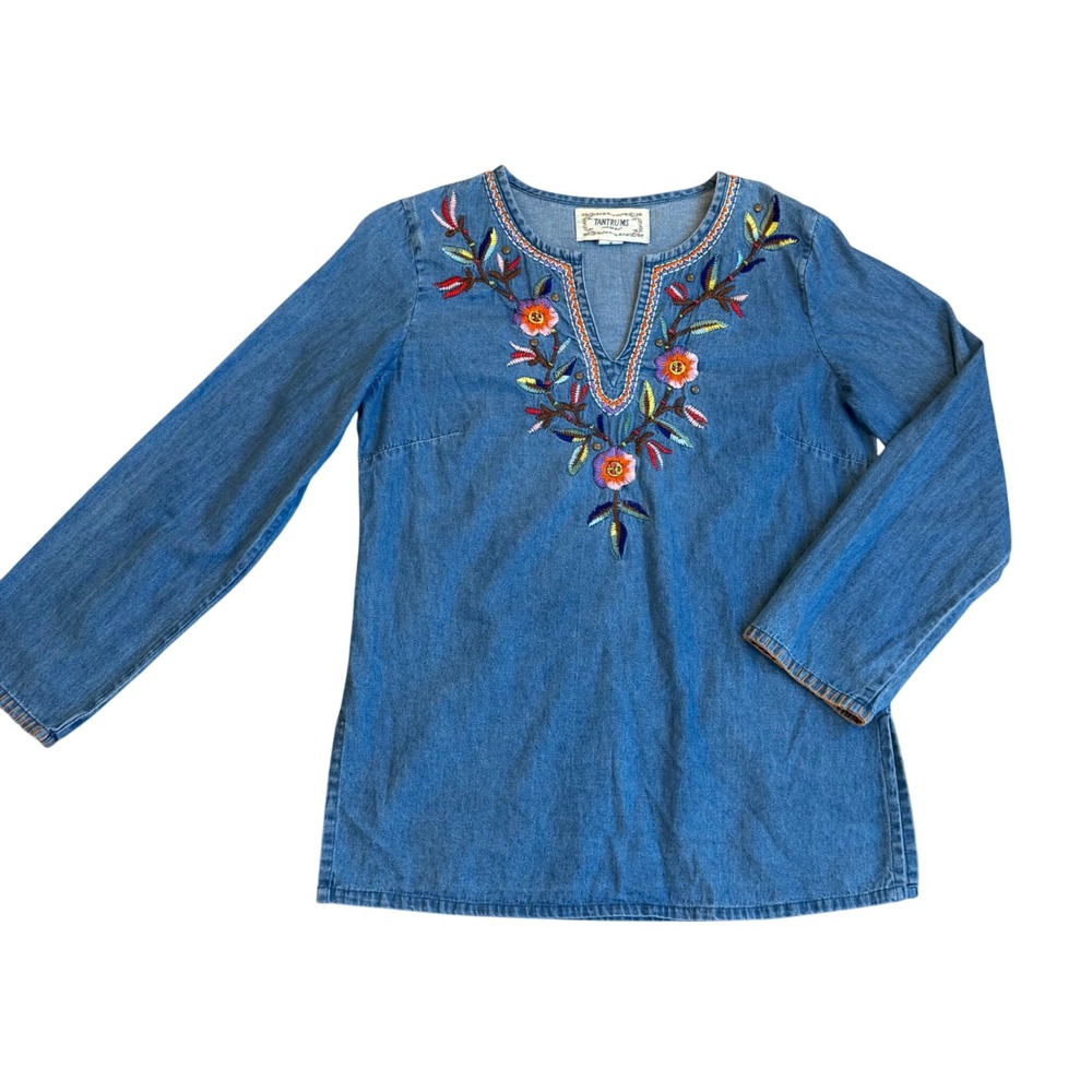 Tantrums Womens Medium Blue‎ Denim Embroidered Floral Boho Tunic Top Cotton M - Picture 2 of 15